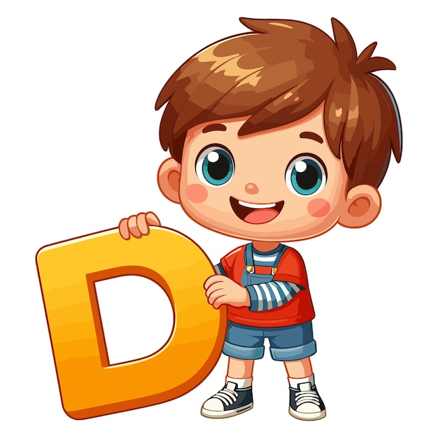Desenho animado bonito feliz menino segurando letra do alfabeto d ilustração vetorial