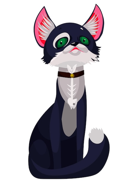 Desenho animado bonito gato preto com esqueleto de peixe pendurado