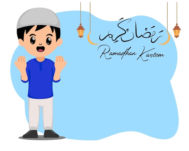 Desenho animado bonito menino muçulmano rezando feliz ramadan kareem