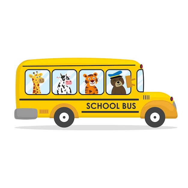 Desenho animado bonito ônibus escolar com animais