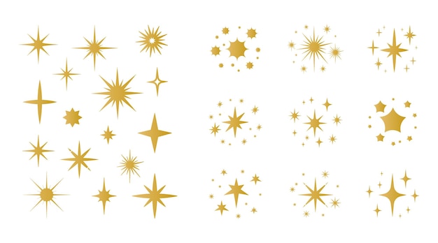 Desenho animado brilhante grupos de estrelas amarelas e douradas e elementos de design cintilantes formas de faíscas isoladas fogos de artifício de festa partículas brilhantes explosão flashes brilhantes flares de feriado vector glitters set