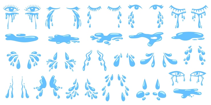 Vetor desenho animado caindo lágrimas isoladas gotas de chuva gotejando gota de água do olho gota de suor chorar olhos sprays e poça neotérico conjunto de vetores