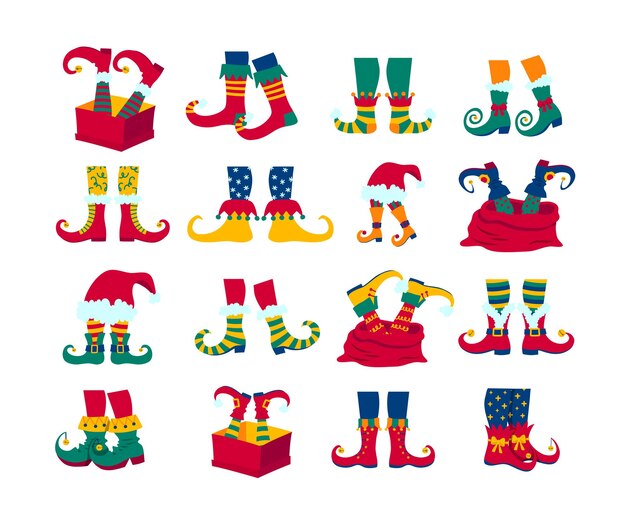 Desenho animado Color Elf Legs in Shoes with Crooked Toes Icon Set Vector