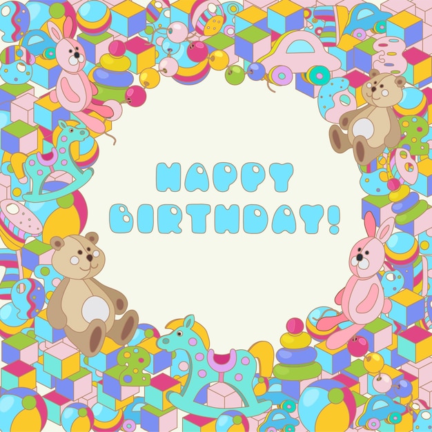 Desenho animado colorido de vetor tipográfico de feliz aniversário doodles design de brinquedo de bebê para cartões comemorativos