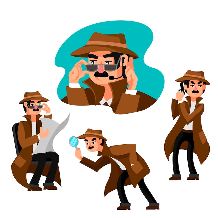 Vetor desenho animado cor personagem detetive conceito conjunto vector