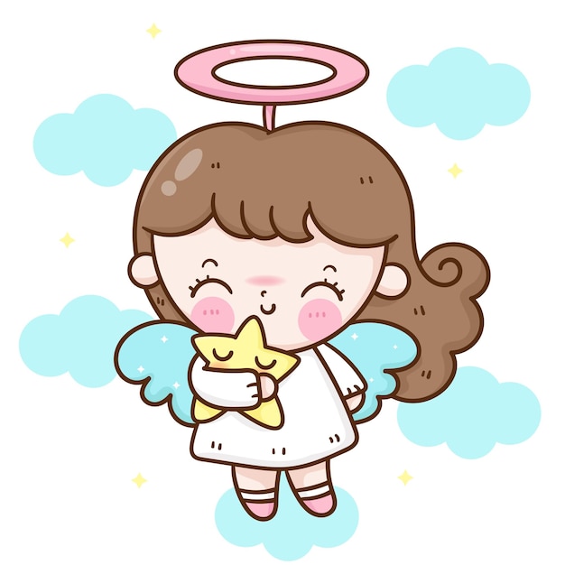 Desenho animado de anjo fofo abraço estrela personagem kawaii de vetor
