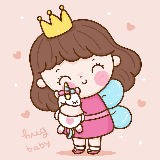 Desenho animado de anjo fofo princesa abraça boneca unicórnio personagem  kawaii