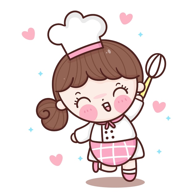 Vetor desenho animado de chef linda garota saudação amor assar estilo kawaii