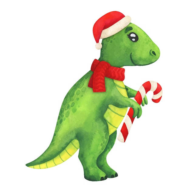 Desenho animado de dinossauro de Natal de ano novo Tiranossauro Ilustração em aquarela Animal jurássico engraçado
