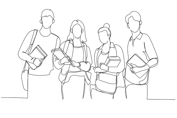 Vetor desenho animado de estudantes universitários asiáticos de corpo inteiro segurando livros de assunto em frente à biblioteca um estilo de arte de linha contínua