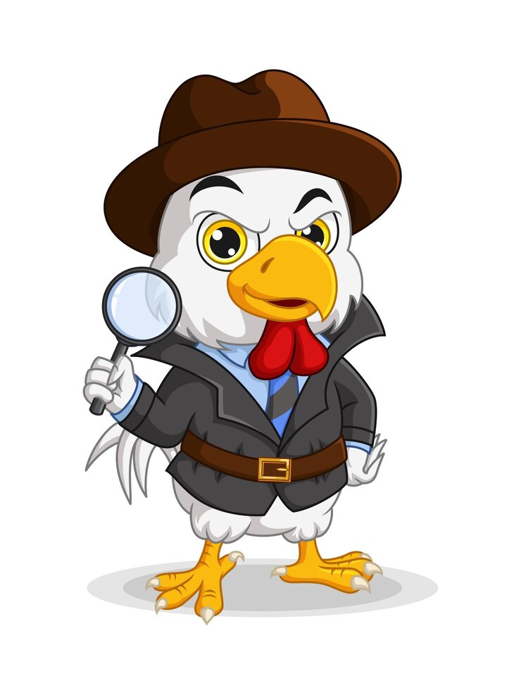 Vetor desenho animado de frango detetive segurando uma lupa