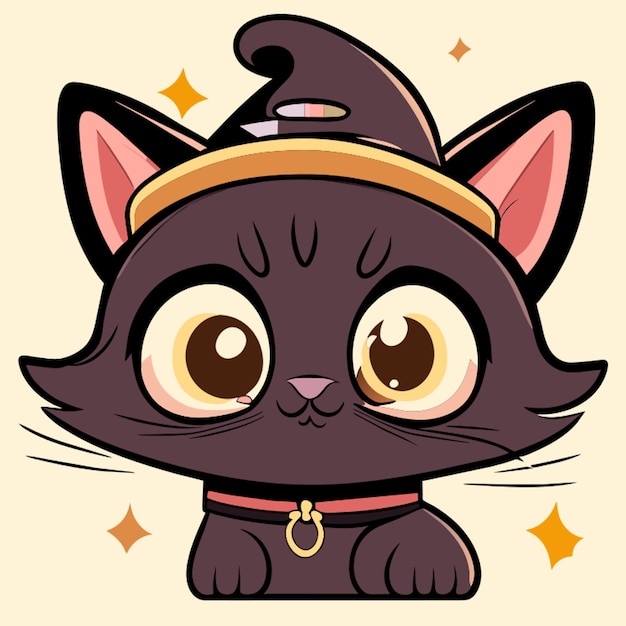 Vetor desenho animado de gato preto bonito em uma ilustração vetorial de chapéu de bruxa