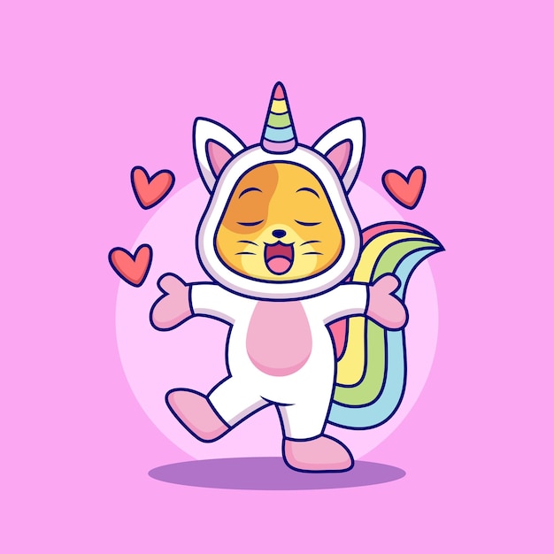 Desenho animado de gato unicórnio com amor