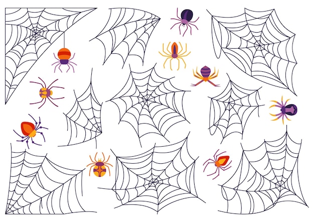 Desenho animado de halloween de teia de aranha e aranha conjunto assustador assustador de aranhas decoração perigosa de teia de aranha