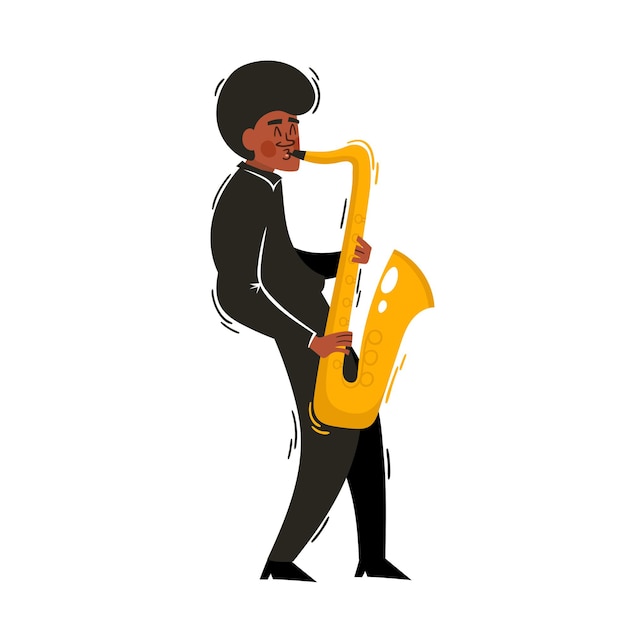 Vetor desenho animado de jazz africano, músico soul com saxofone isolado no branco
