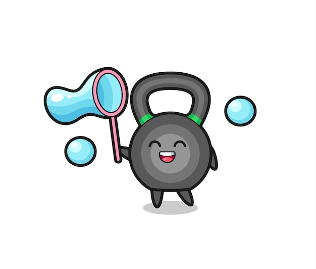 Desenho animado de kettleball feliz jogando bolha de sabão, design de estilo fofo para camiseta, adesivo, elemento de logotipo