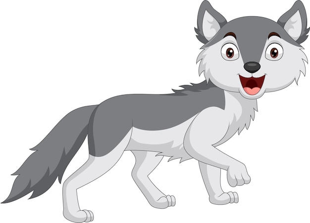 Desenho animado de lobo sorridente em fundo branco