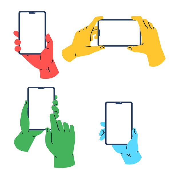 Desenho animado de mão plana segurando telefone em várias cores