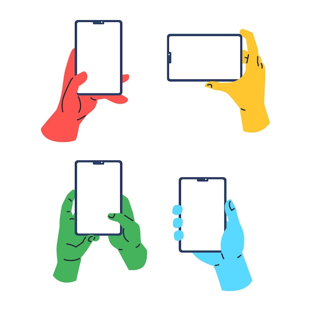 Desenho animado de mão plana segurando telefone em várias cores