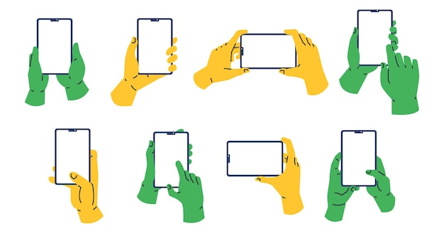 Desenho animado de mão plana segurando telefone em várias cores
