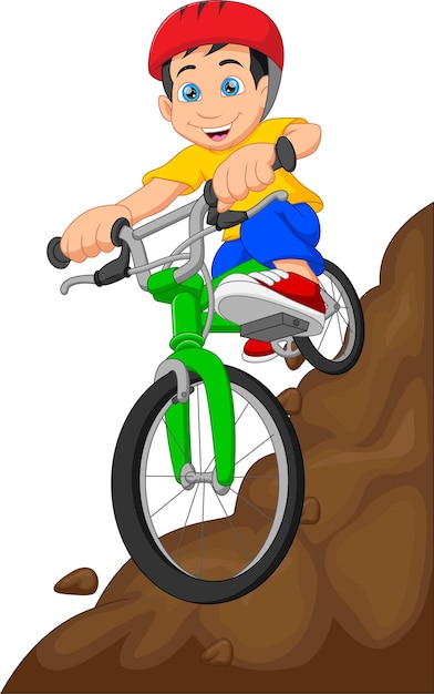 Desenho animado de menino bonito mountain bike em branco