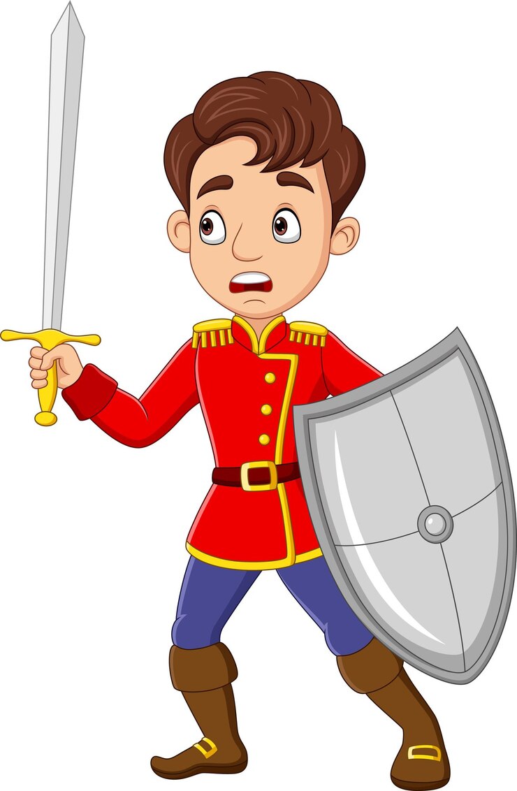 Vetor desenho animado de príncipe segurando espada e escudo