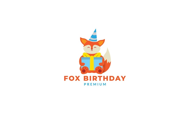 Desenho animado de raposa com ilustração em vetor de ícone de logotipo de aniversário de caixa de presente