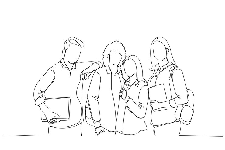 Vetor desenho animado de um grupo de estudantes inteligentes de meninas e meninos com mochilas nos ombros e livros didáticos nas mãos estilo de arte de uma linha