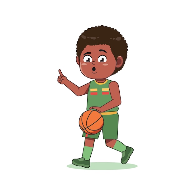 Desenho animado de um menino afro-americano jogando basquete, driblando e apontando o dedo.