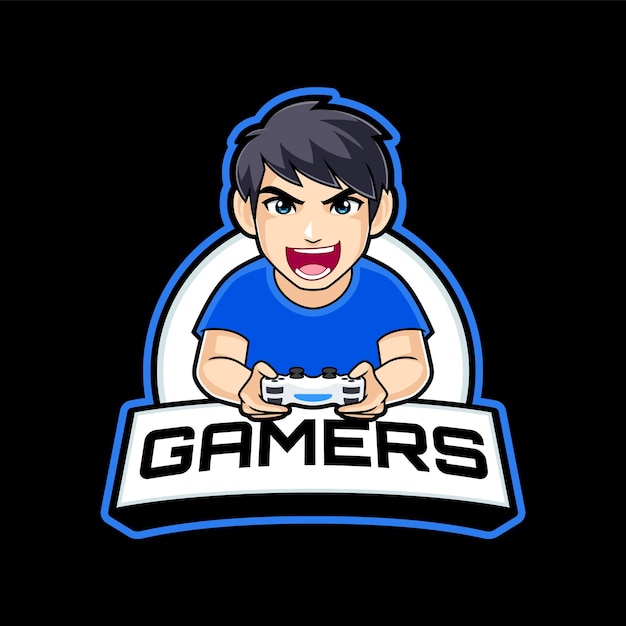 Desenho animado do logotipo do mascote do menino jogador jogando jogos de console para emblema de streamer ou equipe de esport