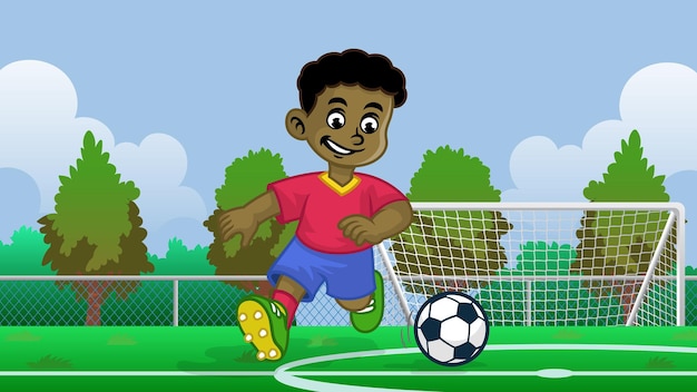 Vetor desenho animado do menino negro jogador de futebol no campo