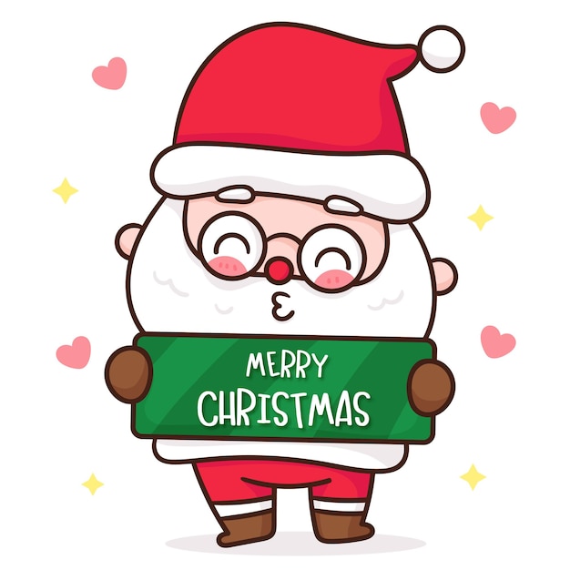 Desenho animado do papai noel segurando o personagem kawaii do rótulo de feliz natal