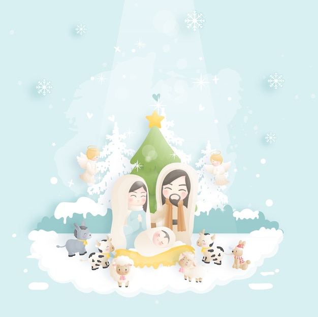 Desenho animado do presépio de Natal com o menino Jesus