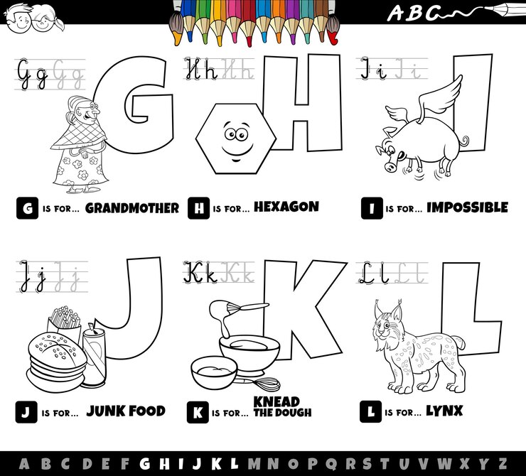 Vetor desenho animado educacional letras do alfabeto definido de g a l página de coloração