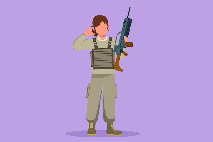 Vetor desenho animado estilo simples desenhando soldados femininos de beleza ou exército em pé com uniforme completo de arma e me chame de gesto servindo o país com a força das forças militares ilustração em vetor design gráfico