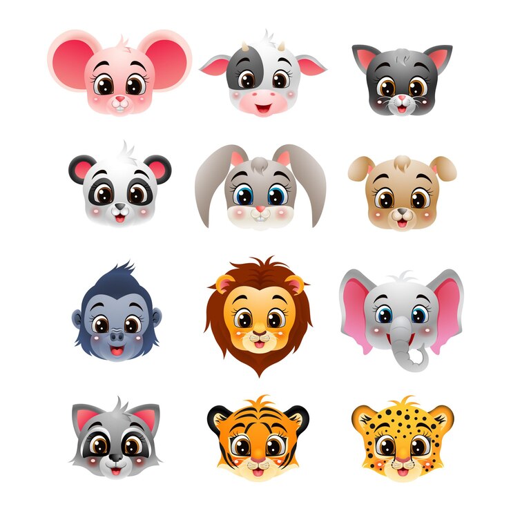 Vetor desenho animado feliz coleção de cabeças de animais selvagens