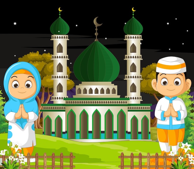 Desenho animado feliz de crianças muçulmanas com fundo de mesquita