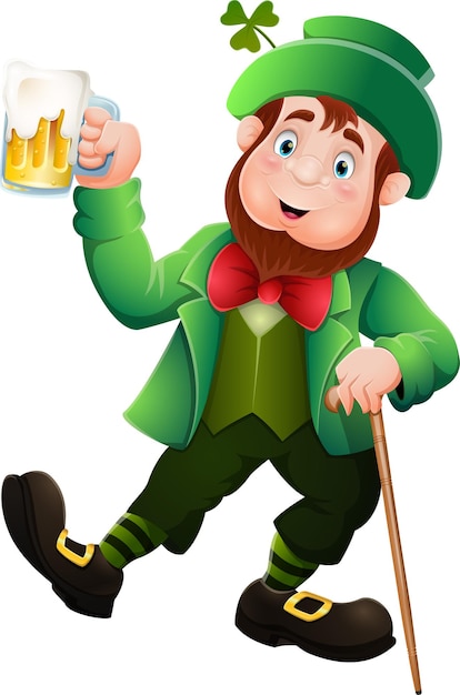 Desenho animado feliz leprechaun segurando cerveja