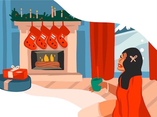 Desenho animado feliz natal e feliz ano novo ilustrações festivas da lareira decorada no interior da casa de férias isolado