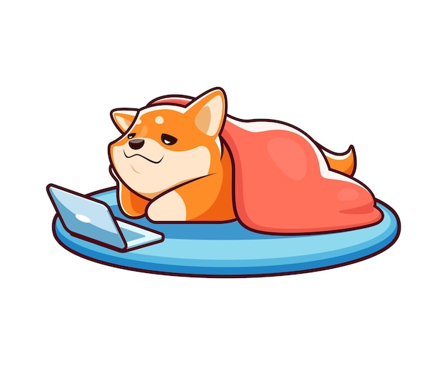 Vetor desenho animado feliz shiba inu personagem de cachorro kawaii personagem de estimação fofo em um tapete aconchegante absorto em usar um laptop retratando uma deliciosa mistura de conforto e tecnologia animal vetor adorável