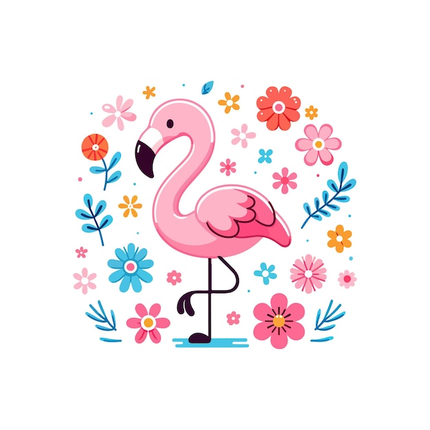 Vetor desenho animado flamingo bonito e ícone de flor vetor de personagem