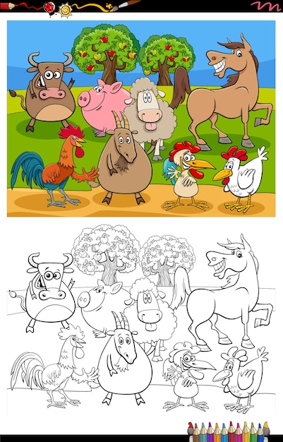 Desenho animado grupo de animais de fazenda para colorir página