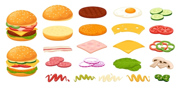 Desenho animado hambúrguer ingredientes pão queijo assado ovo picles fatiado tomate cebola vetor definido