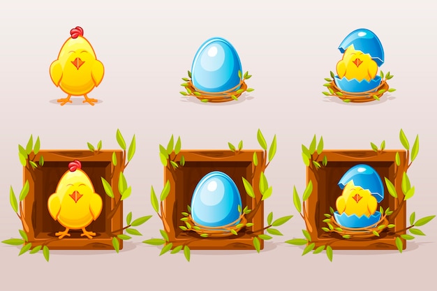 Desenho animado isolado de ovos azuis e frango em um quadrado de galhos