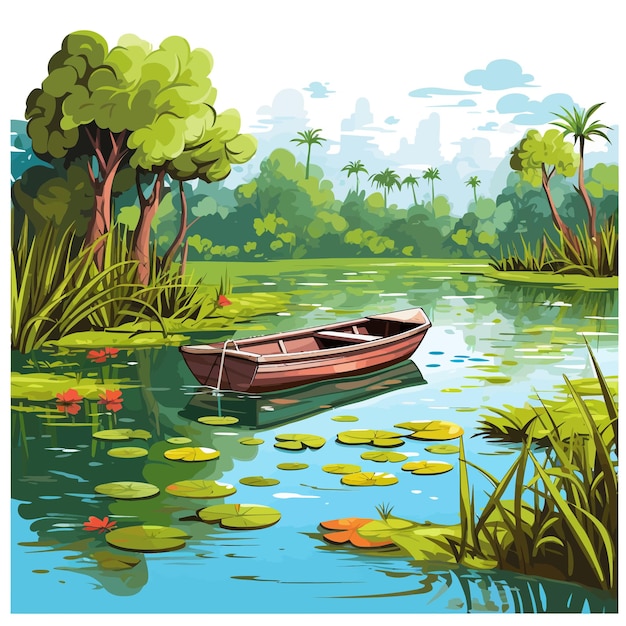 Vetor desenho animado_jungle_pond_water_with_fishing_boat