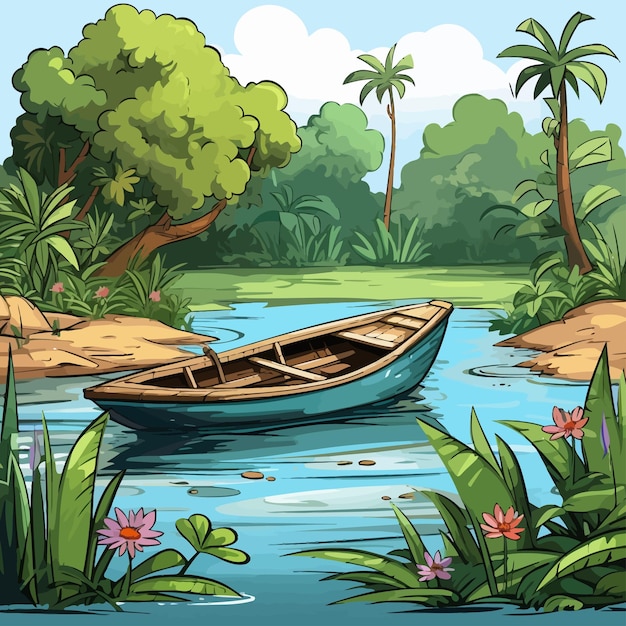 Vetor desenho animado_jungle_pond_water_with_fishing_boat