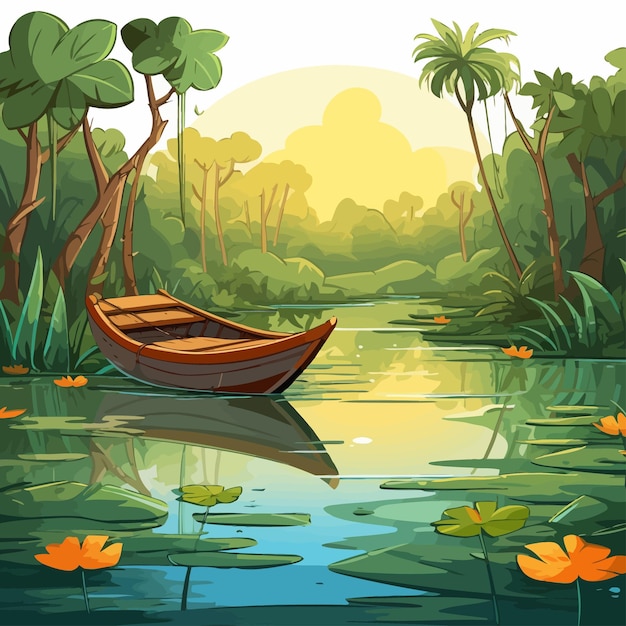 Vetor desenho animado_jungle_pond_water_with_fishing_boat