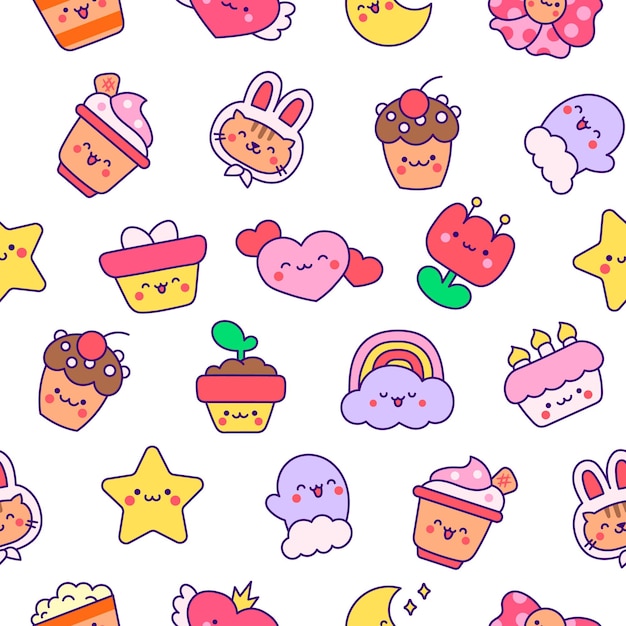 Desenho animado kawaii feliz padrão sem costura