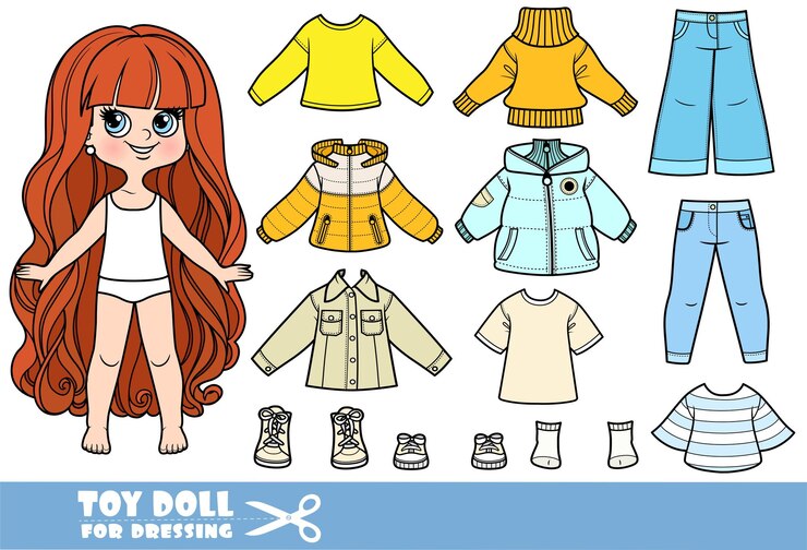 Vetor desenho animado menina de cabelos muito longos e roupas separadamente primavera e outono construtor de trajes