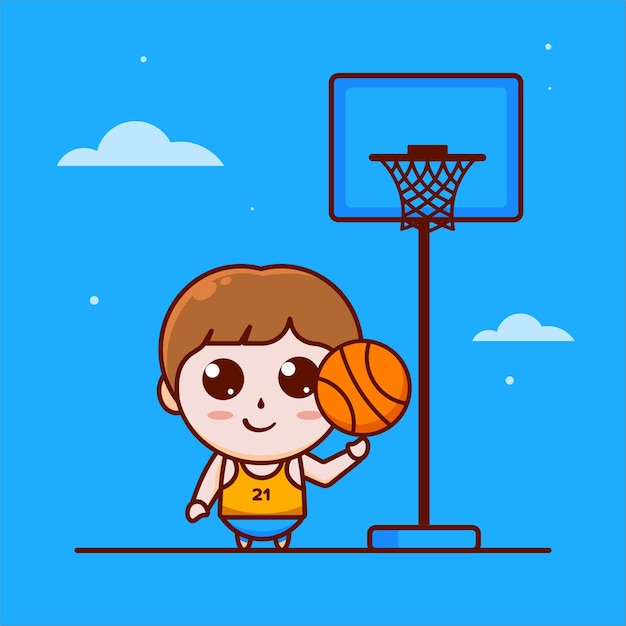 Desenho animado menino bonitinho jogando basquete com ilustração vetorial de ícone sorridente